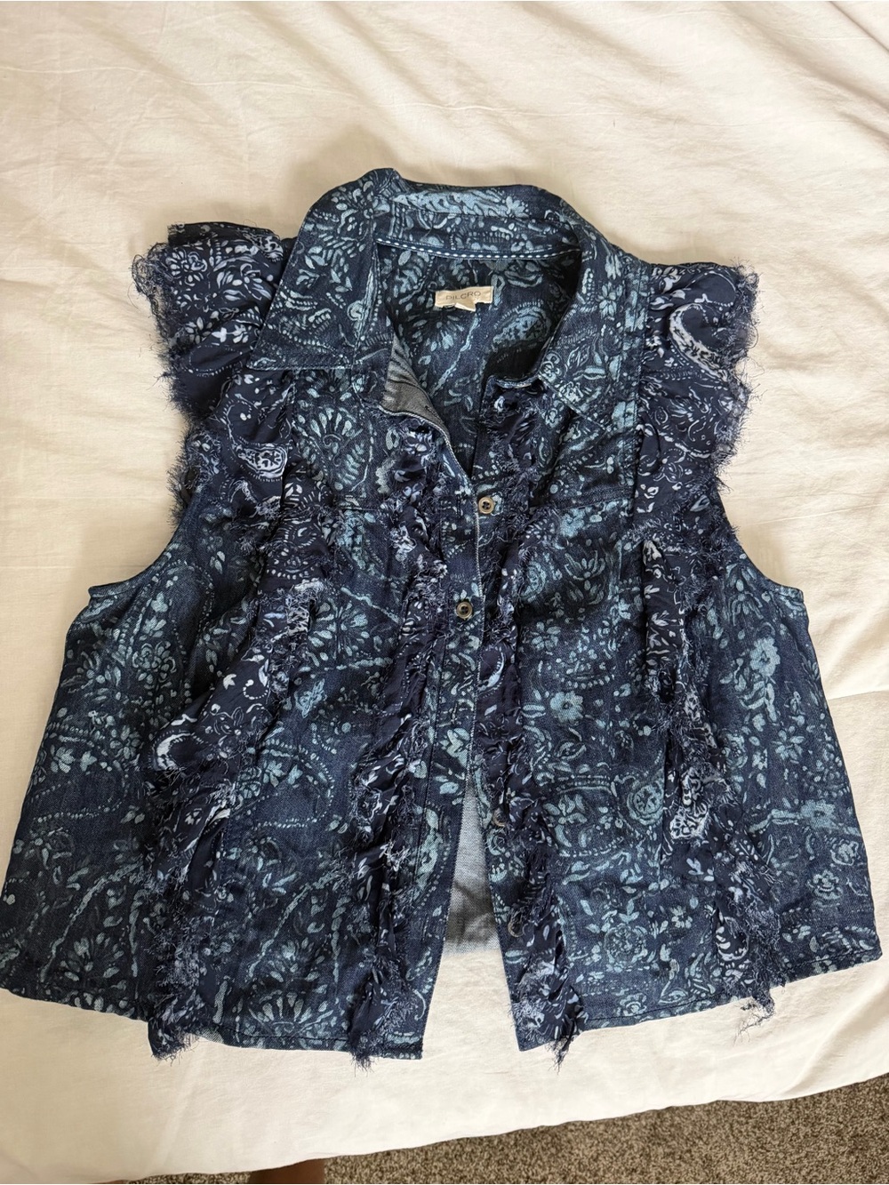 Pilcro Navy Blue Printed Ruffle-Trim Button Down Sleeveless Top